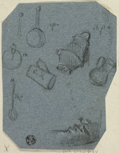 Skisser av kjøkkenredskaper, bøyd arm (rekto); historisk scene (verso) av Unknown artist
