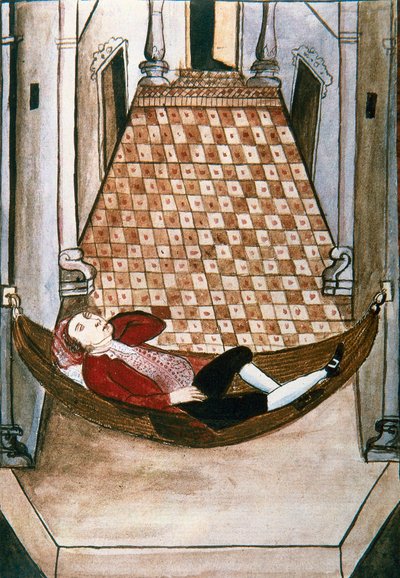 Søvnig spanjol i en hengekøye i et rikt palass, fra boken "Trujillo del Peru" eller "Codex Martinez Companion", av Baltazar Martinez Companion og Bujanda, biskop av Trujillo (1782-1785) av Unknown artist