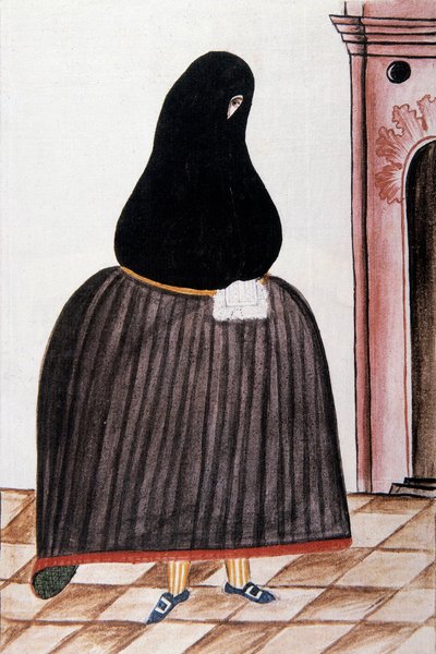 Spansk kvinne som har på seg en skifer som dekker ansiktet hennes, fra "Trujillo del Peru" eller "Codex Martinez Companion", av Baltazar Martinez Companion og Bujanda, biskop av Trujillo (1782-1785) av Unknown artist