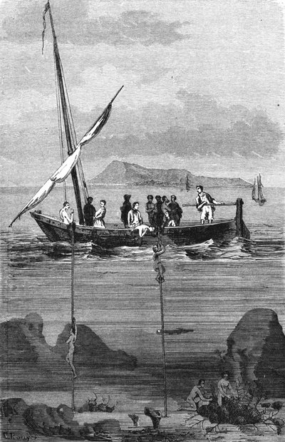 Svampfiske langs kysten av Syria: dykkere kommer ned for å plukke opp svampene for hånd. Gravering av 1800-tallet av Unknown artist