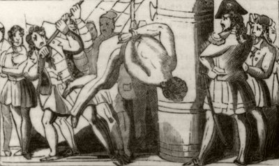 'Spriggs som heiser mannskapet på en Boston-skonnert opp til fortoppen og lar dem falle på dekk', ca. 1836 av Unknown artist