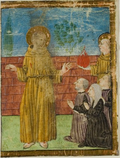 Frans av Assisi med givere i en historikert initial fra et uidentifisert manuskript av Unknown artist