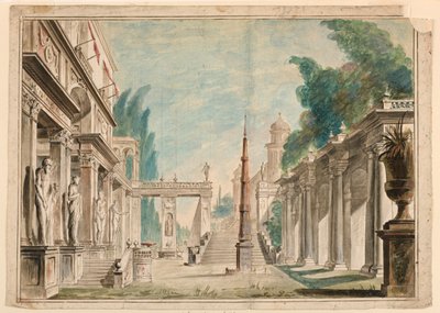 Scenedesign, bygning tilstøtende parklandskap av Unknown artist