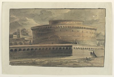 Scenedesign: Eksteriør av sirkulær bygning av Unknown artist