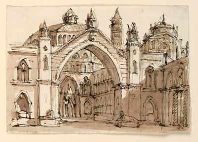 Scenedesign, eksteriør av gotisk kirke av Unknown artist