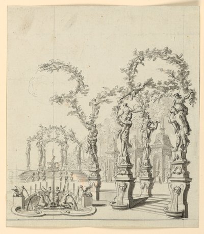 Scenedesign: Hagearkitektur med fontene og skulpturer av Unknown artist