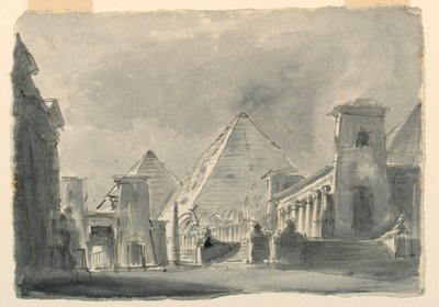 Scenedesign, gruppe egyptiske bygninger fra utsiden av Unknown artist