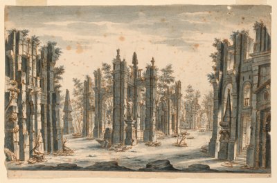 Scenedesign, gruppe ødelagte bygninger med obelisker av Unknown artist