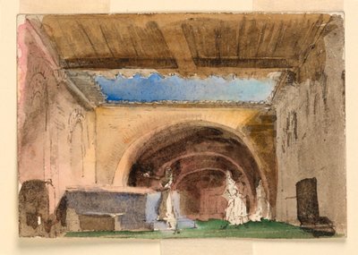 Scenedesign, interiør av hus og domstol av Unknown artist
