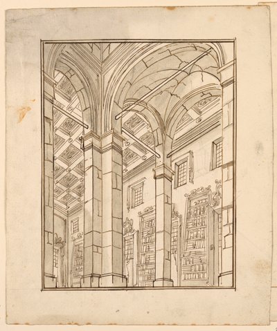 Scenedesign: Bibliotekinteriør med buer av Unknown artist