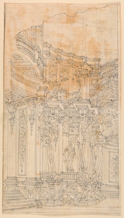 Scenedesign: Palassarkitektur med trofeer av Unknown artist