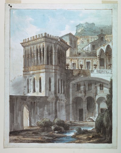 Scenedesign, utsikt over byen på åssiden av Unknown artist