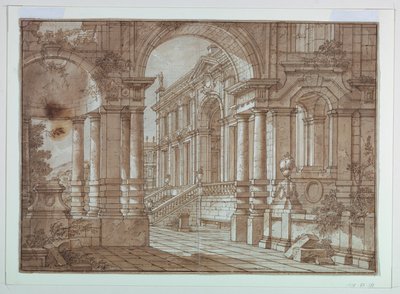 Scenedesign, utsikt over et palass fra en terrasse av Unknown artist