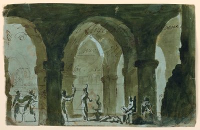 Scenesetting, mennesker som skynder seg inn i krypten av Unknown artist