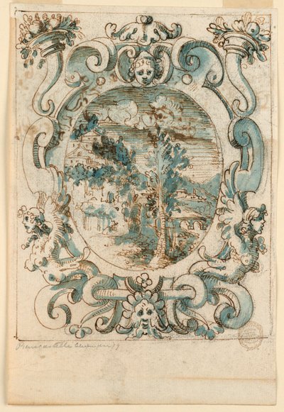 Strapwork Design med landskap av Unknown artist