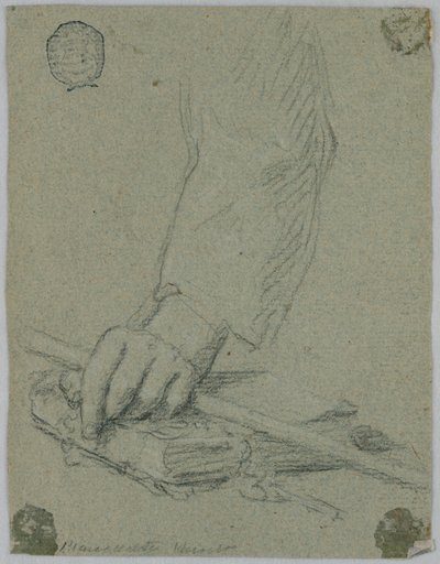 Studie: venstre hånd til en ung mann som holder en pinne og hviler på en bok av Unknown artist