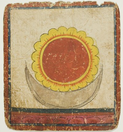 Sol, måne og lotus på lotustronen, fra et sett med innvielseskort (Tsakali) av Unknown artist