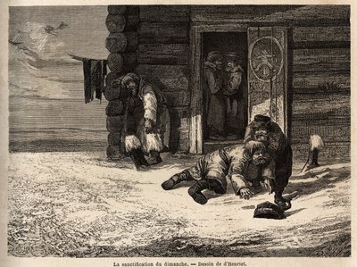 Søndag helliggjørelse har spisskummen brennevin, Dorpat arbeidere. Tegning av Henriet, for å illustrere hans reise til de russiske baltiske provinsene i 1851-54. Gravering i "" Le tour du monde"", redigert av Edouard Charton av Unknown artist