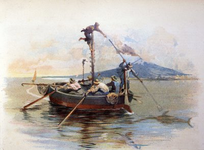 Sverdfisk harpunfiske i Detroit of Messina på Sicilia. Akvarell 1898 av Unknown artist