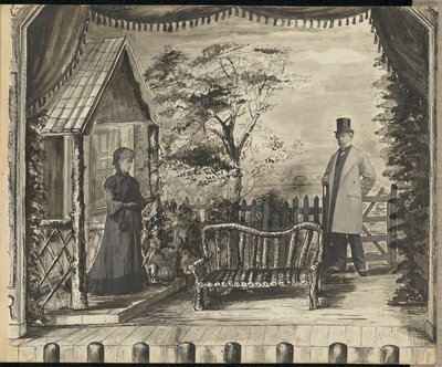 [Tableau vivant av en mann og kvinne på en teaterscene] av Unknown artist
