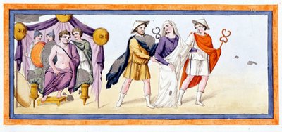 Talthybios og Eurybates tar jomfruen Briseis foran Akilles, som står i Myrmidonenes telt. Iliad Chant I, v 345. Gravering fra slutten av 1700-tallet. av Unknown artist