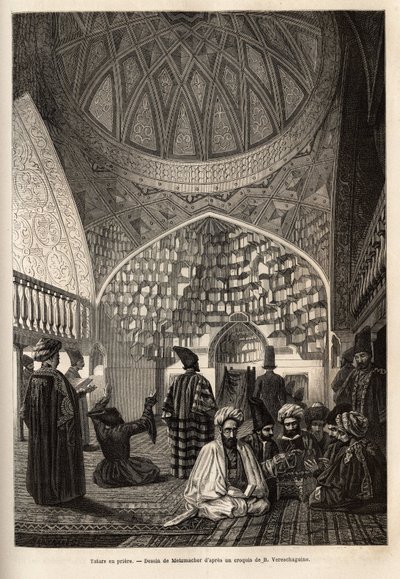 Tatarer i bønn, i moskeen Schusha (Transkaukasia, Russland). Gravering for å illustrere reisen i provinsene i Kaukasus, av Basile Vereschaguine, i 1864-1865, publisert i "" le tour du monde", under ledelse av D'Edouard Charton, Ha av Unknown artist