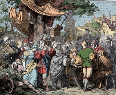 Tetzel Selling Aflat - Johann Tetzel (1465-1519), tysk dominikansk prest, selger avlat for byggingen av Peterskirken i Roma, rundt 1515 av Unknown artist