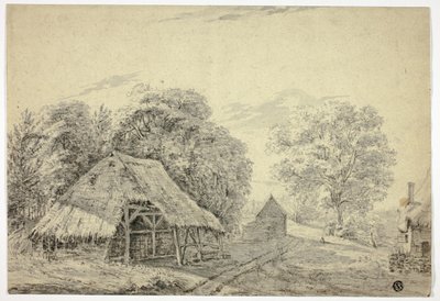 Stråtakskur på gården av Unknown artist