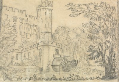 Baksiden av et stort slott med vannhjul i forgrunnen av Unknown artist