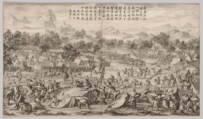 Slaget ved Elei Zhalatu: fra Battle Scenes of the Quelling of Rebellions in the Western Regions, with Imperial Poems av Unknown artist
