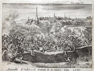 Slaget ved Oosterweel (Nederland, Nederland), holdt 13. mars 1567, den første konfrontasjonen av krigen på åtti (åtti) år (1567–1648). Gravering for å illustrere "History of the War of Flanders", av Flamianus Strada, utgave Joseph T
