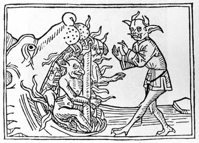 The Belial Proces: “The Belial Demon Returning to the Entrance of the Underworld”” Gravering fra “The Belial Proces” av Jacobus de Teramo (eller Palladino), Ausburg av Unknown artist