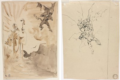 Biskopen og demonen (recto); Tre demoner som holder en ridder (verso) av Unknown artist