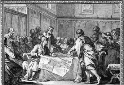 The Carolingian Empire was divided between the three sons of Louis the Pious: Lothaire I, Louis the Germanic and Charles the Bald, according to the Treaty of Verdun (843). Engraving of the 18th century. av Unknown artist