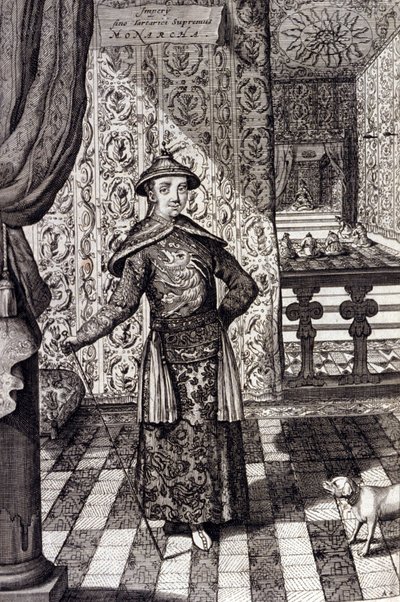Den kinesiske keiseren og øverste hersker over tartarene - Kinesisk keiser Kangxi (1652-1722) Qing-dynastiet, gravering av Athanasius Kircher (1601-1680) fra "" China Monumentis, qua sacris qua profanis""" 1667 - Kinesisk keiser (1 av Unknown artist