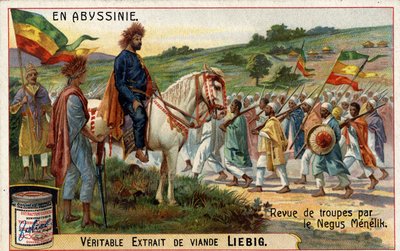 The Emperor of Abyssinia, the “Negus” Menelik II (1844-1913) reviews his troops. Chromolithography of the 19th century. av Unknown artist