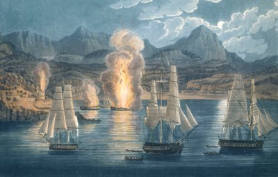 Engelskmennene ødelegger franske skip i Sagonebukta, Korsika 30. april 1811 (farget akvatint) av Unknown artist