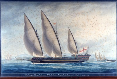 Genova-byssene Raggia og San Giorgio forfølger den algeriske chebecen Uccello. 11. august 1788. Maling av Unknown artist