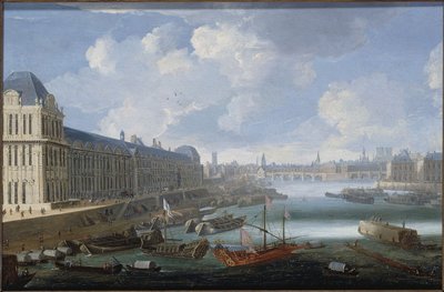 Grande Galerie i Louvre, Pont-Neuf, Cité, Collège des Quatres-Nations, ca. 1670. På Seinen, den kongelige byssa, mellom 1670 og 1685 (olje på tre). av Unknown artist