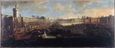 Grande Galerie of Louvre, med Porte Neuve, Pont-Neuf, Cité, Collège des Quatres-Nations under bygging og Quai Malaquais, ca. 1665, på Seinen den kongelige byssa, dagens 1. og 6. arrondissement, mellom 1660 og av Unknown artist