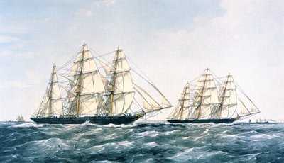The Great Clipper Ship Race i 1866 mellom 'Ariel' og 'Taeping' som brakte den nye teavlingen fra Kina til London (farge litho) av Unknown artist