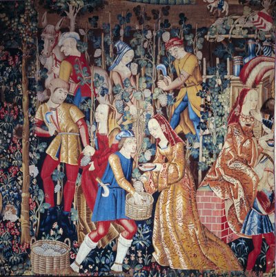 The Harvest Peasants presser druer. Detalj. Ull og silke tapet. Begynnelsen av 1500-tallet. Paris, Nasjonalmuseet for middelalderen, Thermes de Cluny av Unknown artist