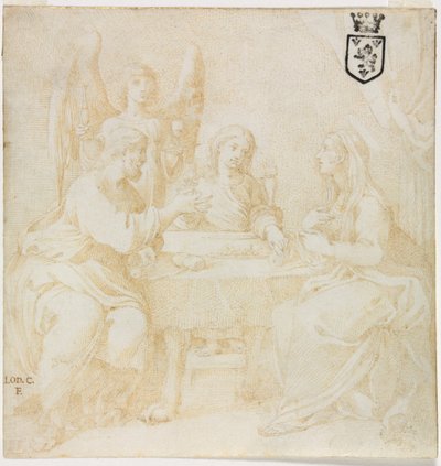 Den hellige familie ved bordet servert av en engel av Unknown artist
