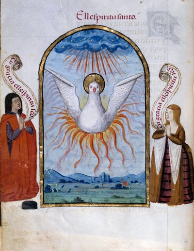 Den hellige ånds manuskriptside hentet fra "" Collection of Devotion of Queen Joan the Folle (1479-1555) of Spain"" av Pedro Marcuello ("" Andakt av dronning Da Juana Whom They Called the Madwoman") Søn fra 1400-tallet. ... 0,21x0,14 m Chantilly, Museumsko av Unknown artist