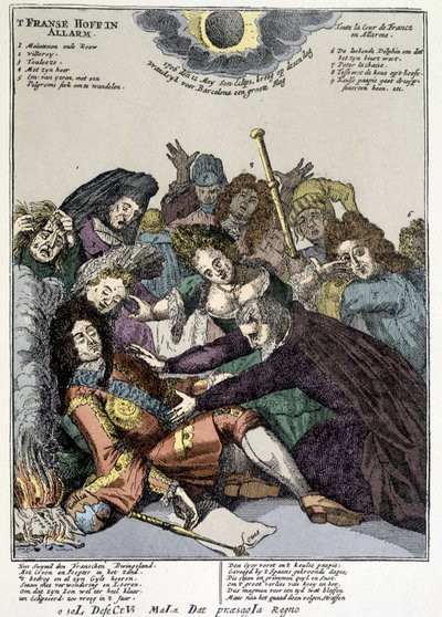 Kongen besvimte og hoffmennene omringer ham, sørget: hån mot Ludvig XIVs jakkeslag i Nederland og Italia i 1706 av Unknown artist