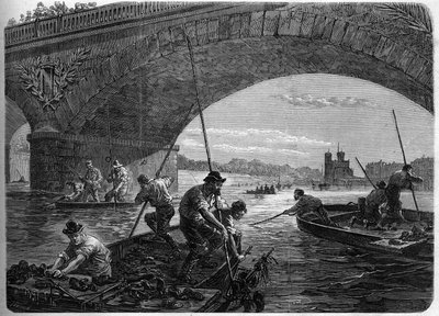 Pariskommunen i 1871. Fiske etter våpen kastet i Seinen under Austerlitz-broen av Federes (communards) på tidspunktet for den endelige debatten i kommunen. av Unknown artist