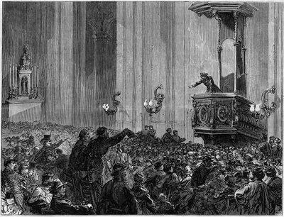 Pariserkommunen i 1871. St. Eustatius kirkeklubb. Kirkene ble bedt av de føderale om kvelden for å holde møter og debatter. Disse klubbene hadde et tredelt formål med utdanning, informasjon og uttrykk. av Unknown artist