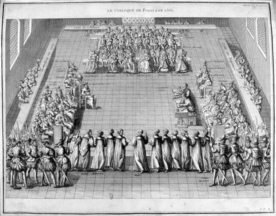 Poissi-kollokviet (Poissy) i 1561. I sentrum kong Charles IX (1550-1574) og dronningmor Catherine de Medici (1519-1589). av Unknown artist