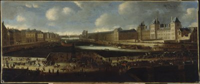 Pont-Neuf, sett fra inngangen til Place Dauphine, Quai Malaquais med Collège des Quatre-Nations under bygging, Grande Galerie og Louvre, cirka 1665, mellom 1660 og 1670 (olje på lerret) av Unknown artist