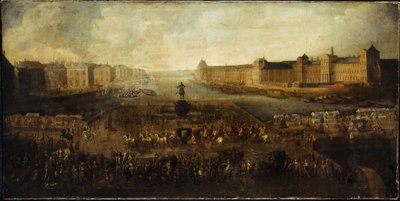 Pont-Neuf, sett fra inngangen til Place Dauphine, Quai Malaquais med Collège des Quatres-Nations, Grande Galerie og Louvre, cirka 1665 av Unknown artist